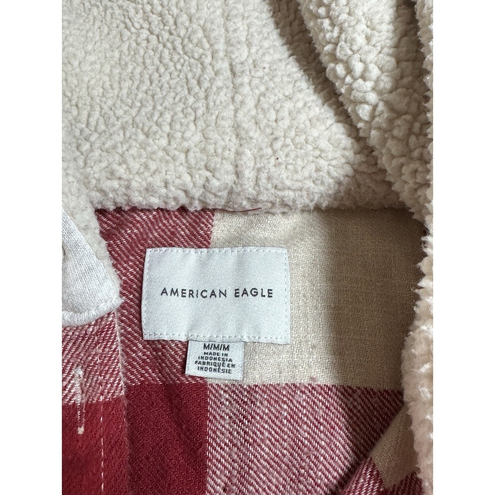 American Eagle Long Sleeve Red/Tan Plaid Button Up Hooded Sweatshirt Sz M - Picture 3 of 11